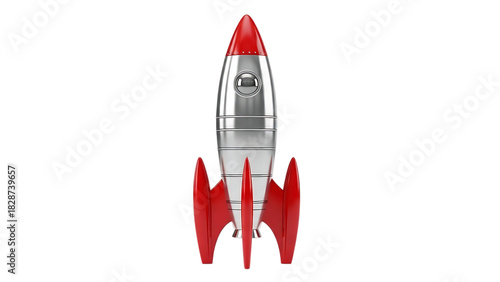 Retro red and silver toy rocket isolated on transparent background
