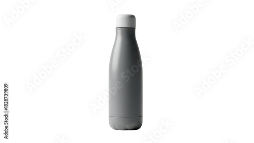Grey reusable water bottle with a white cap isolated on transparent background