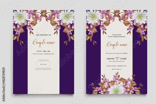 WEDDING INVITATION FRAME WITH FLOWER DECORATIONS AND FRESH LEAVES