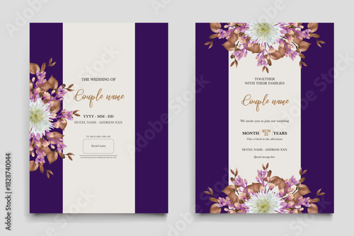 WEDDING INVITATION FRAME WITH FLOWER DECORATIONS AND FRESH LEAVES