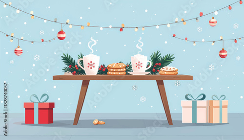 Holiday Coffee Table Scene Flat Vector Illustration