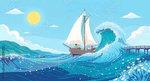 Sailboat riding a giant wave under bright sunny skies. Adventurous ocean journey facing a powerful blue wave. Exciting sailing moment on the open sea with big waves