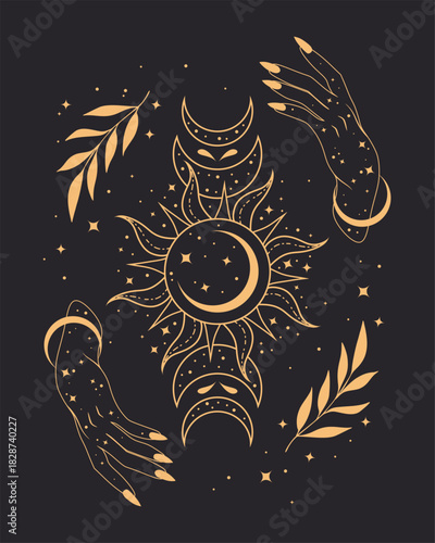 Magical poster with woman hands, stars and sun, boho illustration. Vector hand drawing