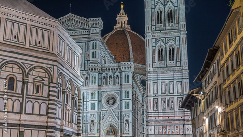 Facade and dome of The Basilica di Santa Maria del Fiore day to night timelapse which is the cathedral church Duomo of Florence in Italy