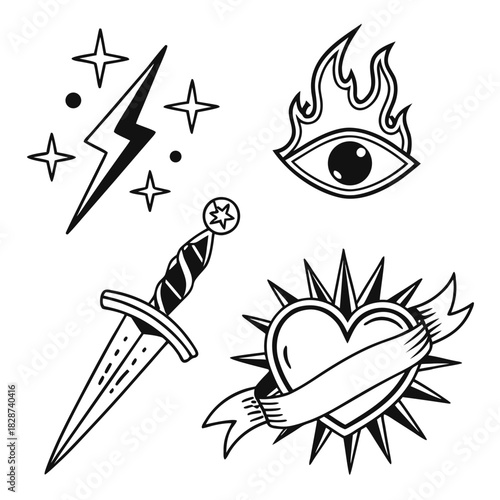 Traditional black and white tattoo designs featuring a lightning bolt, flaming eye, dagger, and sacred heart with a banner.
