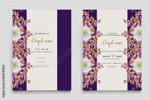 WEDDING INVITATION FRAME WITH FLOWER DECORATIONS AND FRESH LEAVES