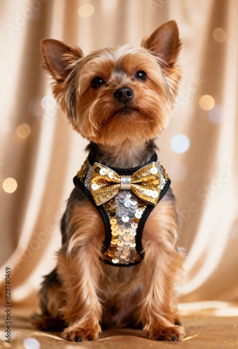 Stylish yorkshire terrier dressed in sparkling outfit with glamorous background