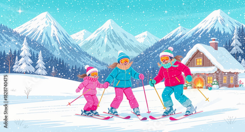 Three women skiing joyfully across snowy mountain view. Fun winter ski trip with friends in bright alpine snow. Energetic ski ride through crisp white mountain scenery