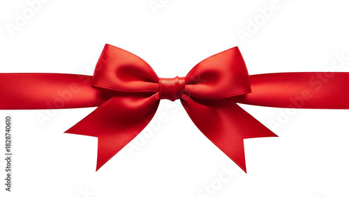 Red satin gift bow with ribbon, isolated on transparent background