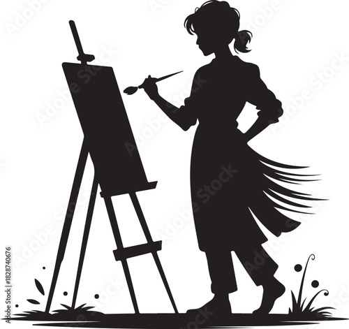 Silhouette of a female artist painting on a canvas with an easel