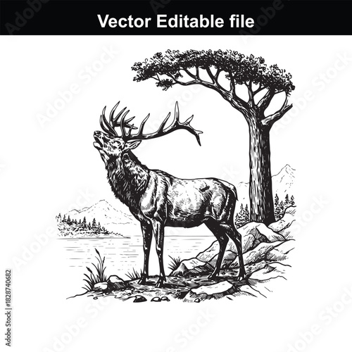 Majestic stag with large antlers stands proudly in a rocky landscape with a pine tree and distant mountains, evoking a sense of wilderness and natures grandeur