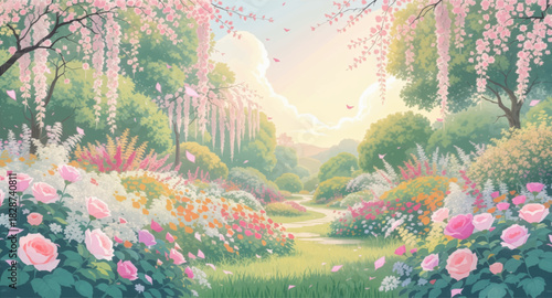Bright spring meadow filled with lush blooming flowers. Dreamy floral valley glowing in warm pastel sunlight. Serene garden landscape with soft drifting blossoms