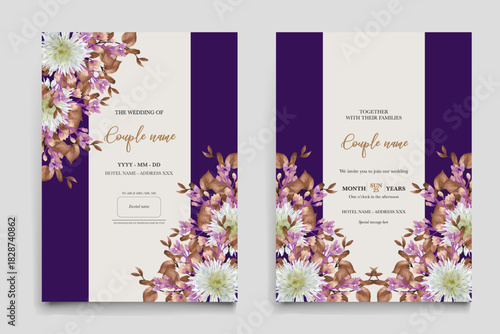 WEDDING INVITATION FRAME WITH FLOWER DECORATIONS AND FRESH LEAVES