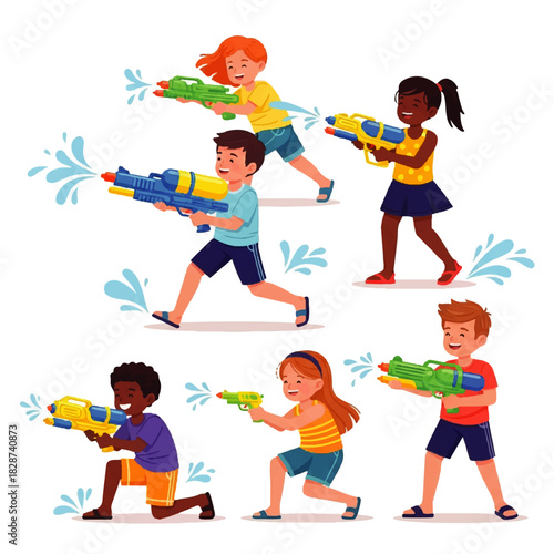 Children Playing with Water Guns in an Outdoor Summer Splash Fight.