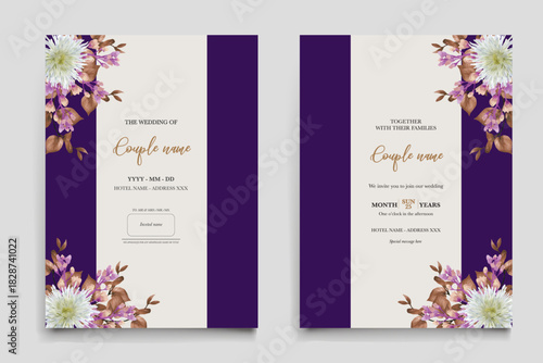 WEDDING INVITATION FRAME WITH FLOWER DECORATIONS AND FRESH LEAVES