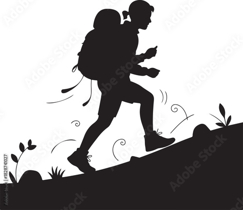 Silhouette of a hiker climbing a hill with backpack adventure trip