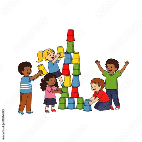 Group of diverse children enjoying a colorful cup tower stacking game and playful teamwork.