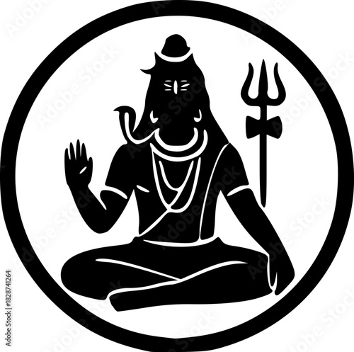 Shiv Ji Solid Black Silhouette Icon of Hindu Deity with Trident and Crescent