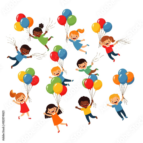 Cheerful children with colorful balloons celebrating together in a bright outdoor scene.