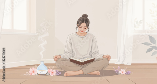Relaxed reading meditation with soft aromatherapy. Calm wellness moment with book and diffuser steam. Peaceful indoor ritual blending reading and aroma. Mindful study time with warm holistic ambiance