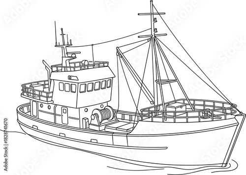 Detailed Line Art Drawing of a Commercial Fishing Boat or Trawler, Industrial Vessel on the Water, Maritime Industry, Outline Vector Illustration, Transportation Sketch