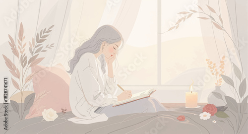 Cozy morning journaling by soft window light. Peaceful writing moment in warm minimalist room. Calm creative session beside gentle daylight. Serene journaling scene with pastel home tones