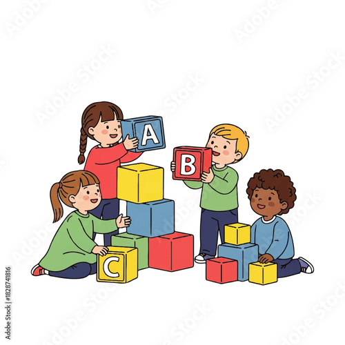 Kids Playing With Alphabet Blocks Together Creating Colorful Stacking Tower Demonstrating Teamwork and Learning.