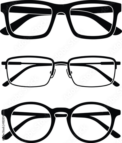 Black Silhouette Vector Illustration Set of Three Eyeglass Frames, Including Rectangular, Metal, and Round Styles, Optometry, Vision, and Fashion Accessories