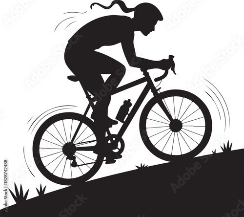 Silhouette of woman cyclist riding bicycle uphill fitness endurance sport