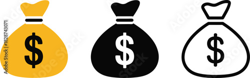 A Minimalist Horizontal Banner Design Featuring Three Dollar Sign Money Bags In Yellow, Black, And White