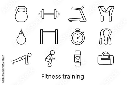 Barbell kettlebell icon gym pose fitness punching band vector tracker jump set