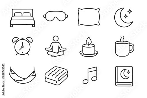 Routine night vector sleep clock collection music blanket icon meditation mug