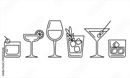 Line drawing showcases assorted stylized drinks including martinis and wine on a transparent backdrop