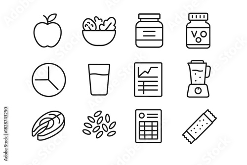 Vitamins grains set balanced plan nutrition vector icon glass snack plate healthy