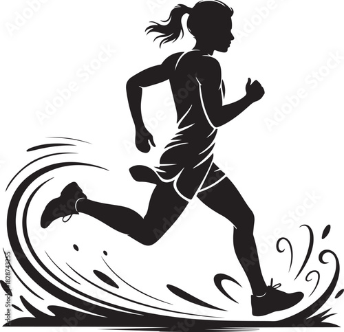 Silhouette of woman running with water splash for sport concept