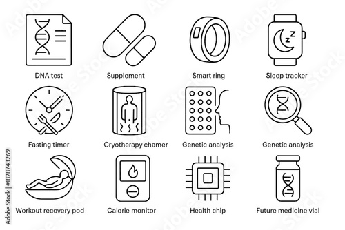 Analysis dna biohacking workout vector icon capsule pod icons future chip therapy
