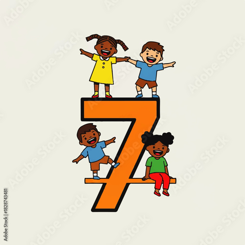 Group of diverse children gathered around a large orange number seven, portraying playful togetherness and youthful energy.