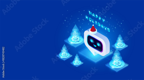 Happy Holidays blue technology background with AI agent in Santa hat and digital Christmas trees with gears inside, symbol of automation and digital transformation. Cheerful festive mood greeting card