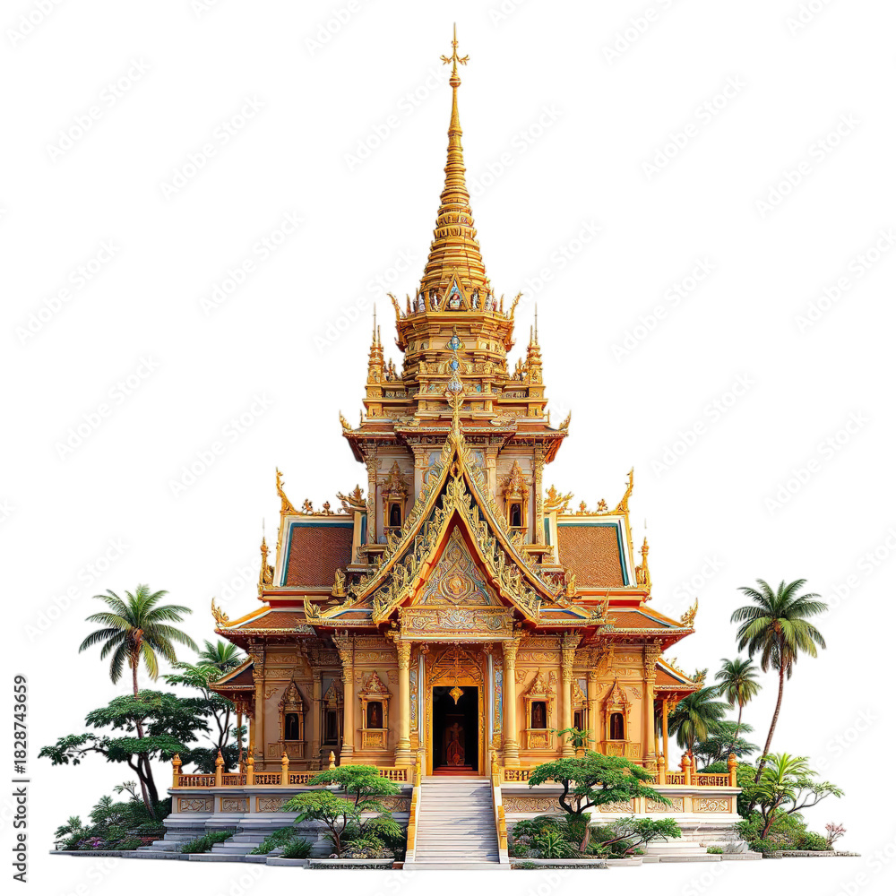 Fototapeta premium Elaborate golden thai temple with intricate details, surrounded by lush greenery, isolated on transparent background, showcasing traditional architecture
