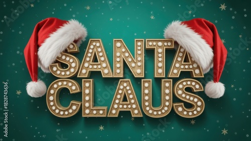 Festive marquee sign spelling out santa claus with traditional red and white hats on a green background