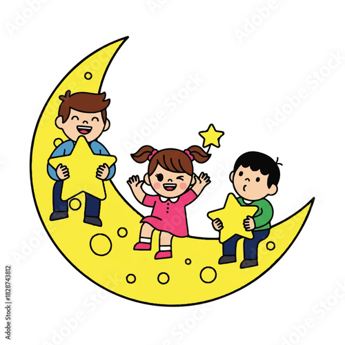 Three Children on a Moonlit Crescent Sharing Joyful Moments.