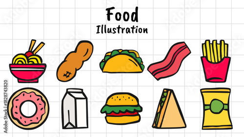 Hand-Drawn Fast Food and Snack Doodle Icons Set, Simple Vector Illustration of Burger, Taco, Fries, Donut, and Comfort Meal Elements