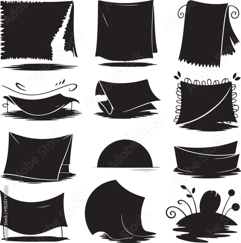 Silhouetted Illustration of Various Draped Fabric Shapes on a White Background