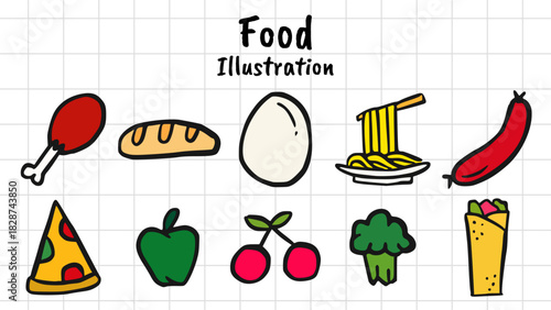 Hand-Drawn Basic Food Doodle Icons Set, Simple Vector Illustration of Protein, Bread, Pizza, Noodles, and Fruit Elements Collection