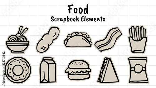 Hand Drawn Food Scrapbook Elements Doodle Icons: Outline Sticker Set for Kitchen Menu, Fast Food, Meat, Seafood, Dairy, Dessert, Carb, Vintage