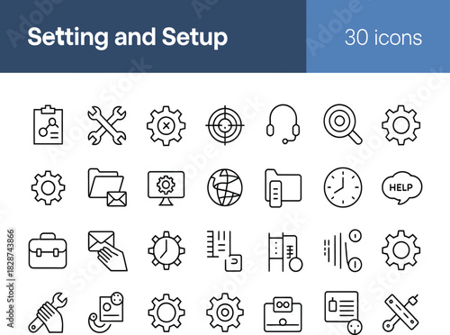 A modern collection of 30 thin line web development icons, ideal for settings, setup, and various technical configuration interfaces, promoting efficient digital operations