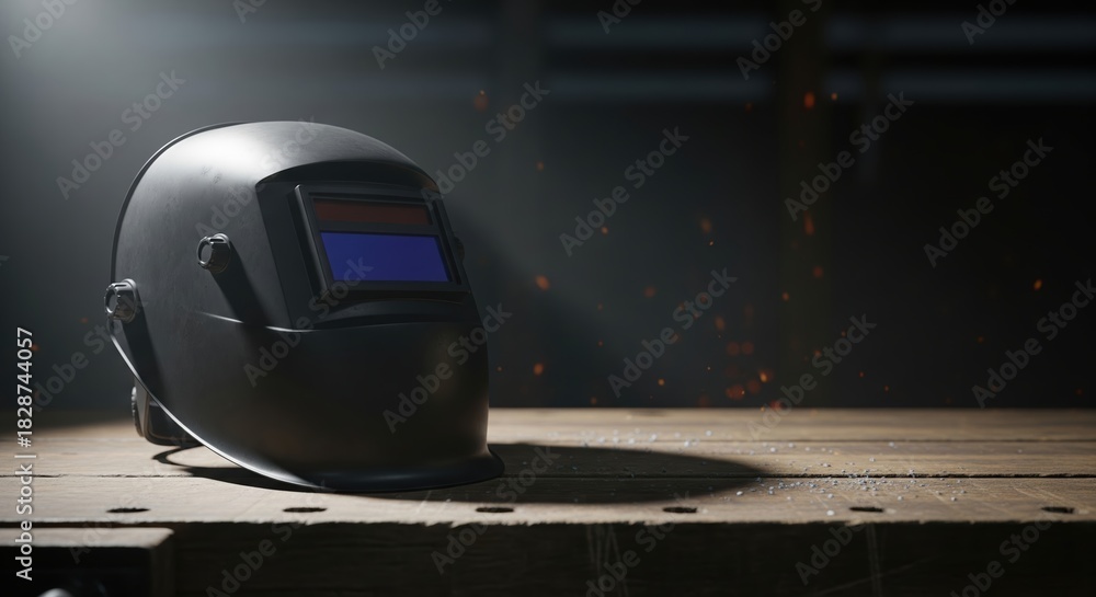 Fototapeta premium Black Welding Helmet on Wooden Table with Sparkles in Dark Workshop Environment