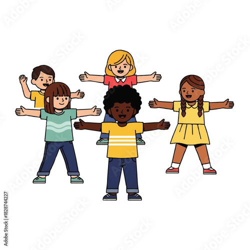 Diverse Group of Children Standing Together with Outstretched Arms in a Cheerful Scene.