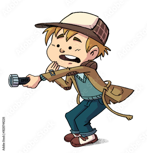 Boy detective pointing a flashlight, isolated drawing