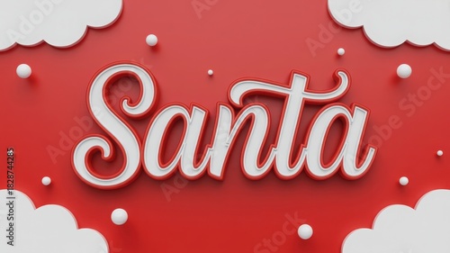 3d render of the word santa in white script font with shadow effect on a red background with cloud shape border